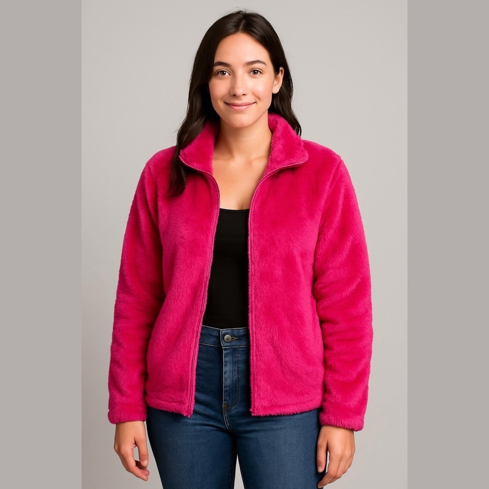 PINK Victoria's Secret Fuzzy Fleece Jacket Size XS Hot Pink Fleece Zip Up NWOT